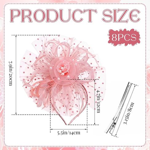 8 Pcs Fascinators Hat, 20s 50s Pillbox Hat, Flower Mesh Ribbons Feathers on a Headband and a Clip, Cocktail Tea Party Headwear Gift for Women Costume Accessories, Photo Pink in Saudi Arabia