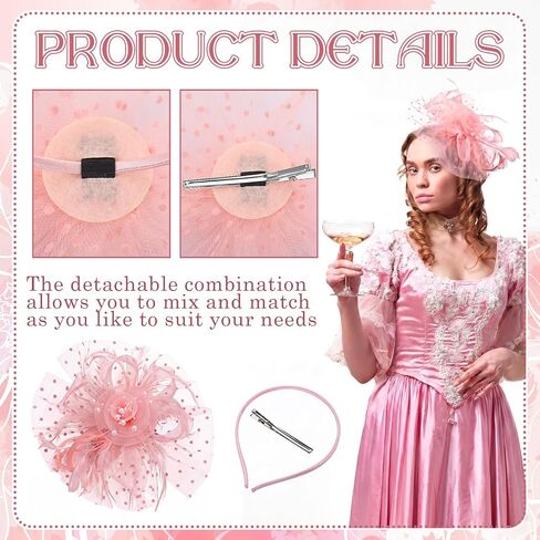 8 Pcs Fascinators Hat, 20s 50s Pillbox Hat, Flower Mesh Ribbons Feathers on a Headband and a Clip, Cocktail Tea Party Headwear Gift for Women Costume Accessories, Photo Pink in Saudi Arabia
