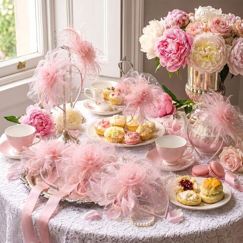 8 Pcs Fascinators Hat, 20s 50s Pillbox Hat, Flower Mesh Ribbons Feathers on a Headband and a Clip, Cocktail Tea Party Headwear Gift for Women Costume Accessories, Photo Pink in Saudi Arabia