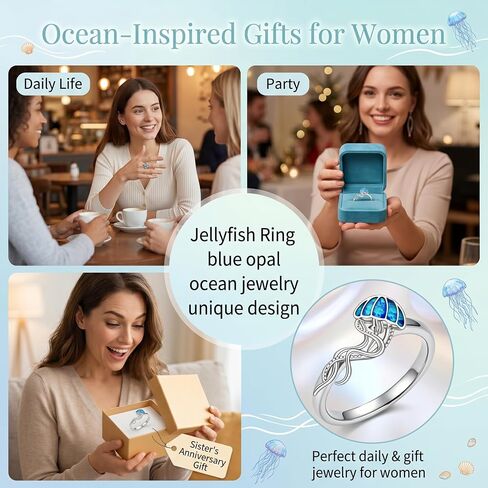 Jellyfish Ring Size 7 Blue Opal Jellyfish Adjustable Jelly Fish Jewelry Gift for Women Mom in Saudi Arabia