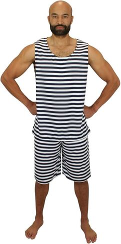 Historical Emporium Men's 1900s Striped Tank Bathing Suit, Victorian Edwardian Swimwear Beach Halloween Costumes Theater in Saudi Arabia