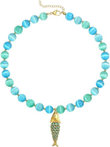 Beaded Fish Necklace for Women Natural Stone Chunky Bead Sardine Pendant Necklace Summer Fishing Choker Necklace Boho Beach Jewelry (KKWX601) in Kuwait