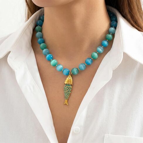 Beaded Fish Necklace for Women Natural Stone Chunky Bead Sardine Pendant Necklace Summer Fishing Choker Necklace Boho Beach Jewelry (KKWX601) in Kuwait