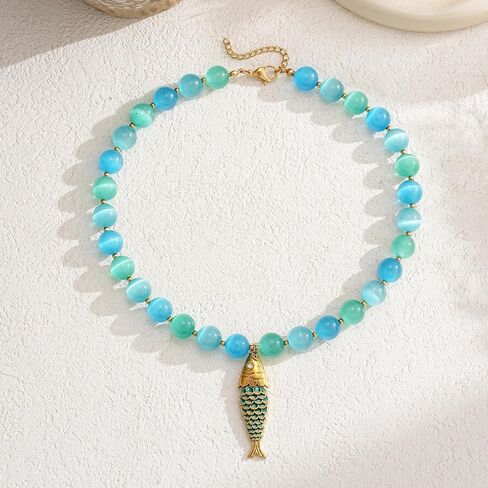 Beaded Fish Necklace for Women Natural Stone Chunky Bead Sardine Pendant Necklace Summer Fishing Choker Necklace Boho Beach Jewelry (KKWX601) in Kuwait
