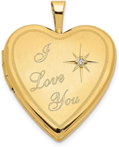 Roy Rose Jewelry 14K Yellow Gold Satin Diamond Star I LOVE YOU Script 20mm Heart Locket with Necklace Chain, Custom Engraving, and Photo Insertion Options in Kuwait