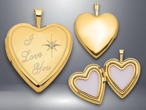 Roy Rose Jewelry 14K Yellow Gold Satin Diamond Star I LOVE YOU Script 20mm Heart Locket with Necklace Chain, Custom Engraving, and Photo Insertion Options in Kuwait