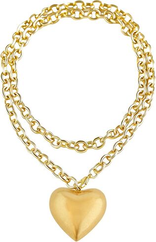 Puffy Heart Pendant Necklace for Women 18K Gold Plated Y2K Statement Jewelry Gift, Adjustable 34.6 Inch Brushed Chunky Chain, Non-Tarnish & Two-Layer Wearable in Saudi Arabia