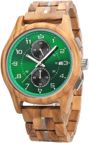Mens Wooden Watch with Chronograph Quartz Movement Luminous Hands Date Display Running Second Sub Dial Custom Engraved Back and Wood Gift Box Analog Wood Wristwatch for Anniversary Birthday Xmas in Saudi Arabia
