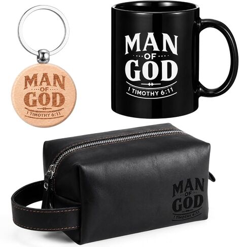 Shinylin 3 Pcs Father's Day Man of God Gifts for Men Christian 11.2oz Inspirational Coffee Mug Religious Bible Verse Leather Toiletry Bag Scripture Keychain for Dad Pastors Church Gift (Smiple Color) in Kuwait