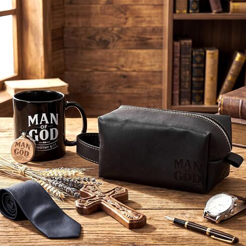 Shinylin 3 Pcs Father's Day Man of God Gifts for Men Christian 11.2oz Inspirational Coffee Mug Religious Bible Verse Leather Toiletry Bag Scripture Keychain for Dad Pastors Church Gift (Smiple Color) in Kuwait