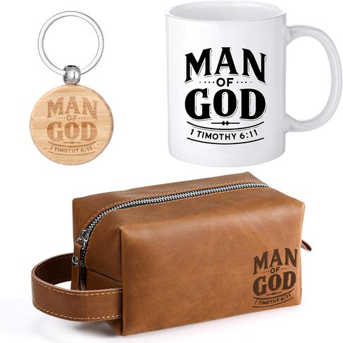 Shinylin 3 Pcs Father's Day Man of God Gifts for Men Christian 11.2oz Inspirational Coffee Mug Religious Bible Verse Leather Toiletry Bag Scripture Keychain for Dad Pastors Church Gift (Smiple Color) in Kuwait