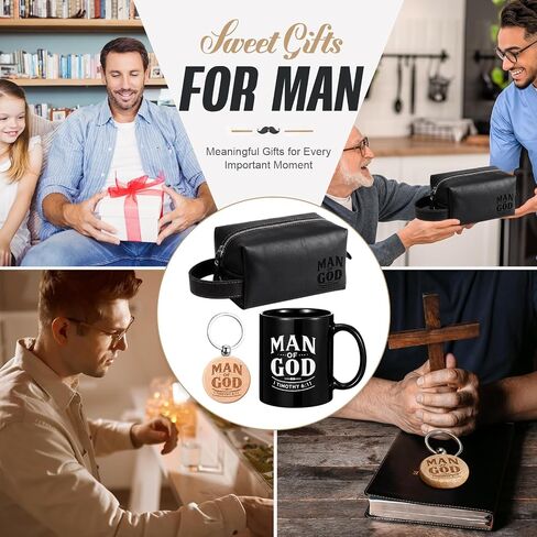 Shinylin 3 Pcs Father's Day Man of God Gifts for Men Christian 11.2oz Inspirational Coffee Mug Religious Bible Verse Leather Toiletry Bag Scripture Keychain for Dad Pastors Church Gift (Smiple Color) in Kuwait