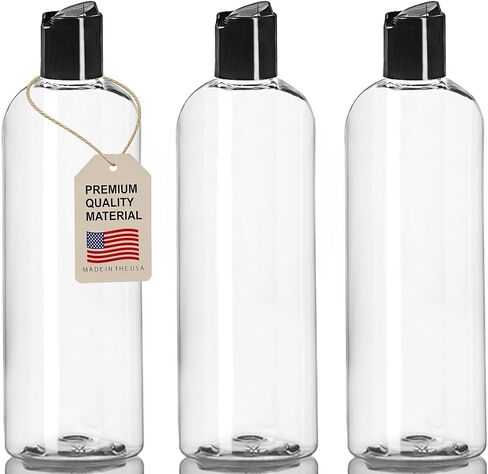 ljdeals 16 oz Clear Plastic Refillable Squeeze Bottles (3 Pack), BPA-Free Empty Travel Containers with Leak-Proof Disc Top Flip Caps for Shampoo, Lotion, Soap, and Creams, made in USA in Kuwait