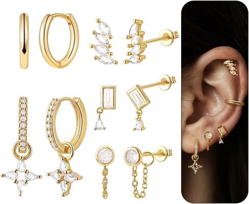 Gold Hoop Stud Earrings Stacks for Women,14K Gold Plated Chain Earring Sets,Hypoallergenic Drop Dangle Earrings for Women,20G Christmas Earring for Multiple Piercing in Saudi Arabia