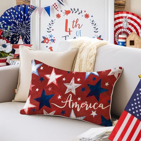 RABUSOFA 4th of July Patriotic Memorial Day Throw Pillow Covers 12x20 Red White and Blue Star Independence Day Cushion Case,America Outdoor Lumbar Decoration for Home Couch(2red-12) (red) in Saudi Arabia