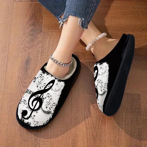 Music Note Slippers for Women, All-Season Soft Plush Lining Memory Foam House Slippers with Non-Slip Rubber Sole, Warm Fuzzy Winter Indoor Bedroom Shoes, Machine Washable in Kuwait