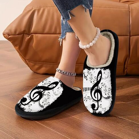 Music Note Slippers for Women, All-Season Soft Plush Lining Memory Foam House Slippers with Non-Slip Rubber Sole, Warm Fuzzy Winter Indoor Bedroom Shoes, Machine Washable in Kuwait