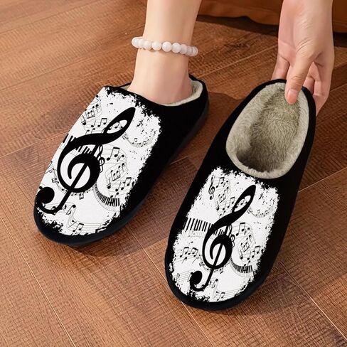 Music Note Slippers for Women, All-Season Soft Plush Lining Memory Foam House Slippers with Non-Slip Rubber Sole, Warm Fuzzy Winter Indoor Bedroom Shoes, Machine Washable in Kuwait