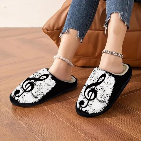 Music Note Slippers for Women, All-Season Soft Plush Lining Memory Foam House Slippers with Non-Slip Rubber Sole, Warm Fuzzy Winter Indoor Bedroom Shoes, Machine Washable in Kuwait