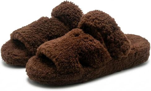 Women's Adjustable Fuzzy House Slippers, Open Toe Memory Foam Indoor Slippers with Non-Slip Sole, Magic Tape Straps Fluffy Bedroom Shoes for Women Indoor Outdoor in Saudi Arabia