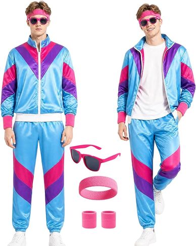 Retro 80s 90s Tracksuit Costume Men,5 Pcs Color Block Windbreaker Hip Hop Outfit with Headband Wristbands Sunglasses in Saudi Arabia