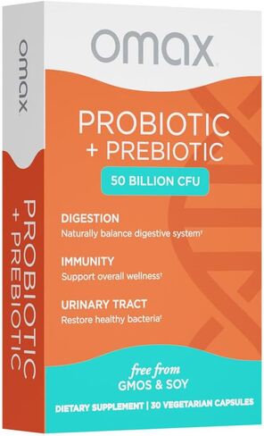 Omax Prebiotic & Probiotic 50 Billion CFU + Chicory Inulin, 10 Strains, Reduce Bloating, Digestion, SIBO, Leaky Gut, Vaginal pH, Acidophilus, Vegan, Dairy Free, Gluten Free, Blister Packaged in Kuwait