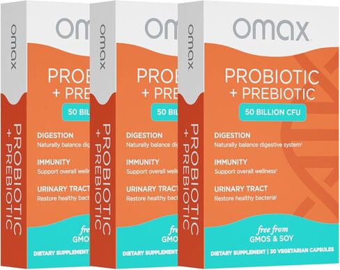 Omax Prebiotic & Probiotic 50 Billion CFU + Chicory Inulin, 10 Strains, Reduce Bloating, Digestion, SIBO, Leaky Gut, Vaginal pH, Acidophilus, Vegan, Dairy Free, Gluten Free, Blister Packaged in Kuwait