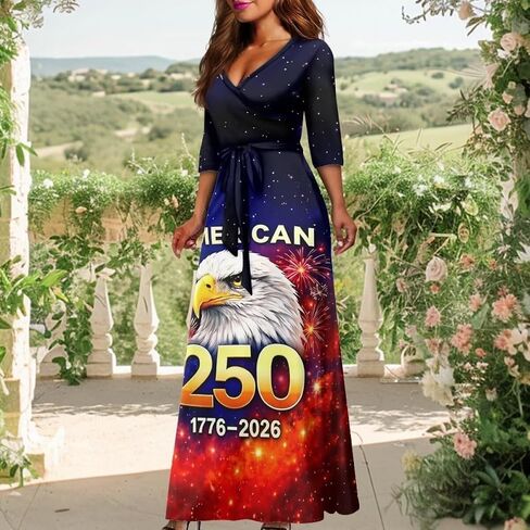 250th Anniversary Dresses for Women Casual Flowy Long Sleeve Empire Waist Maxi Party Club Dress with Belt in Saudi Arabia