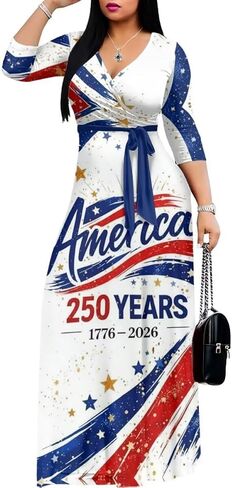 250th Anniversary Dresses for Women Casual Flowy Long Sleeve Empire Waist Maxi Party Club Dress with Belt in Saudi Arabia