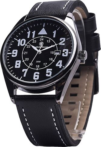 Smith & Wesson Men's Civilian Watch, 3ATM, Tough Stainless Steel case, Genuine Leather Strap, Tactical Watch, Precision Quart, Scratch Resistant, 43mm, Christmas Gift in Kuwait
