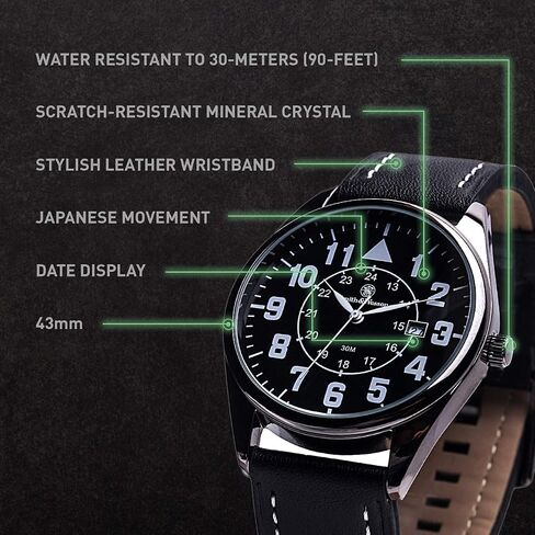 Smith & Wesson Men's Civilian Watch, 3ATM, Tough Stainless Steel case, Genuine Leather Strap, Tactical Watch, Precision Quart, Scratch Resistant, 43mm, Christmas Gift in Kuwait
