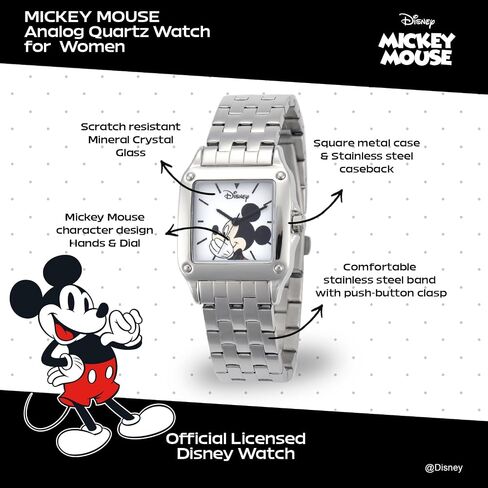 Disney Officially Licensed Mickey Mouse Watch – Stylish Mickey Mouse Watches for Women – Classic & Elegant Watch Fans – Women's Square Watches with White Dial & Silver Strap in Kuwait