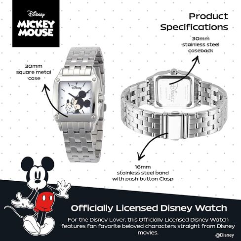 Disney Officially Licensed Mickey Mouse Watch – Stylish Mickey Mouse Watches for Women – Classic & Elegant Watch Fans – Women's Square Watches with White Dial & Silver Strap in Kuwait