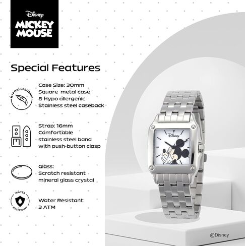 Disney Officially Licensed Mickey Mouse Watch – Stylish Mickey Mouse Watches for Women – Classic & Elegant Watch Fans – Women's Square Watches with White Dial & Silver Strap in Kuwait