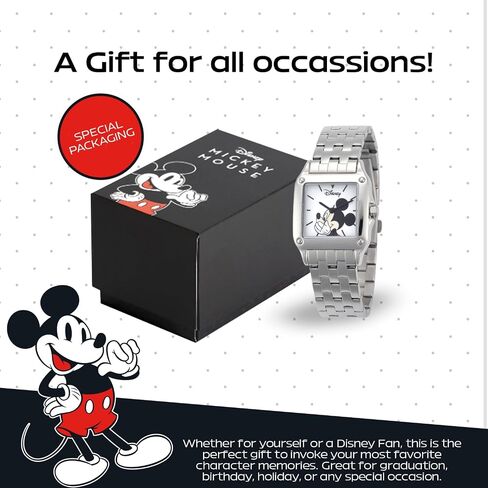Disney Officially Licensed Mickey Mouse Watch – Stylish Mickey Mouse Watches for Women – Classic & Elegant Watch Fans – Women's Square Watches with White Dial & Silver Strap in Kuwait