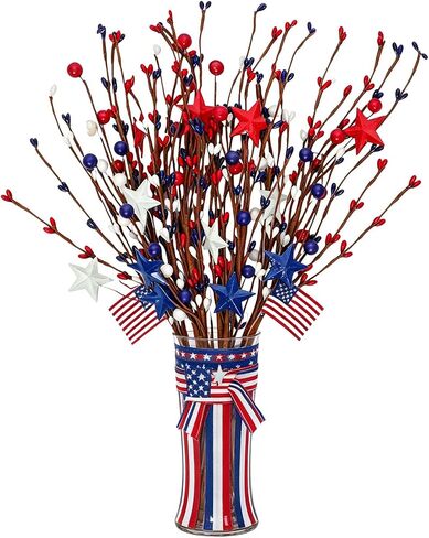 4 Pack Patriotic Flowers Artificial Red White Blue Berry Stem Picks Fade Resistant Adjustable Stems 4th of July Decorations for Home Office Vase Patriotic Decorations for Memorial Day Labor Day in Saudi Arabia
