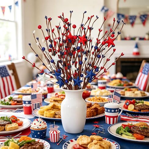 4 Pack Patriotic Flowers Artificial Red White Blue Berry Stem Picks Fade Resistant Adjustable Stems 4th of July Decorations for Home Office Vase Patriotic Decorations for Memorial Day Labor Day in Saudi Arabia