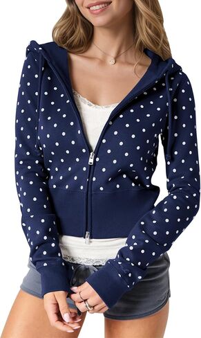 HOCANDY Women Cropped Zip Up Polka Dot Hoodie Sweatshirt Fleece Ribbed Hem Zipper Drawstring Hooded Jacket in Saudi Arabia