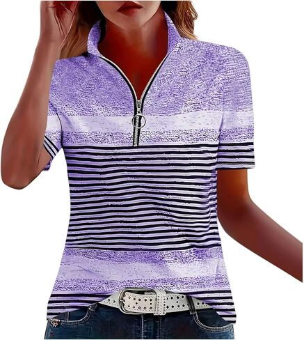 Womens Striped Golf Shirt Short Sleeve Collared Work Shirts 1/4 Zip Up Workout Tops Stretch Athletic Shirts in Saudi Arabia