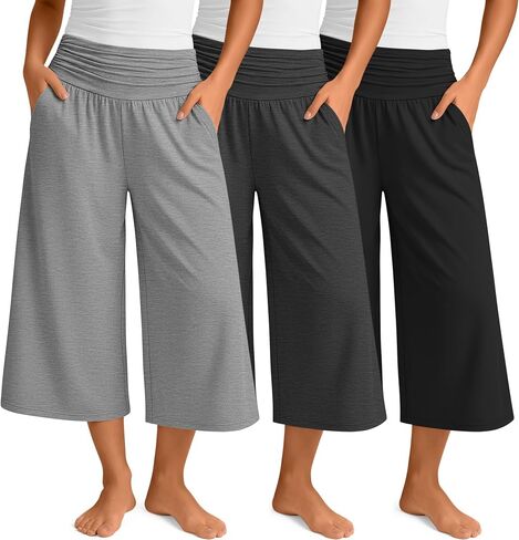 Locoowai 3 Pack Women's Capri Yoga Pants Wide Leg Cropped Pants with Pockets Ruched High Waist Loose Knit Casual Sweatpants in Saudi Arabia
