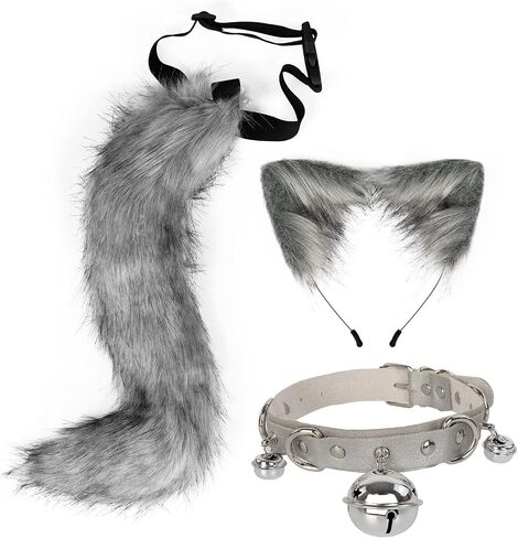 QinRuan Faux Fur Cat ears and Tail & Bell Collar Set Anime Cosplay Party Costume Accessories in Saudi Arabia