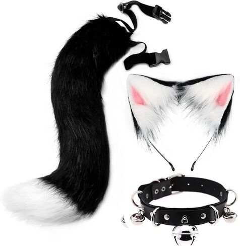 QinRuan Faux Fur Cat ears and Tail & Bell Collar Set Anime Cosplay Party Costume Accessories in Saudi Arabia