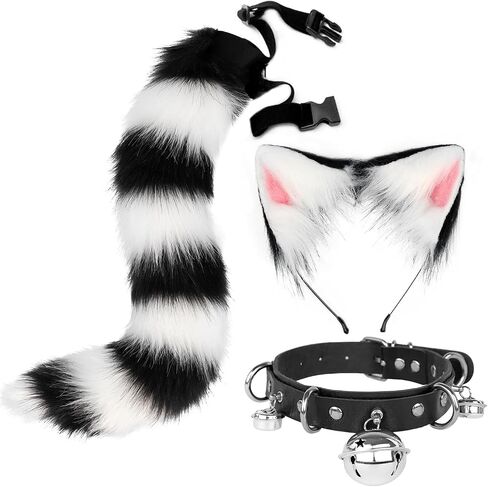 QinRuan Faux Fur Cat ears and Tail & Bell Collar Set Anime Cosplay Party Costume Accessories in Saudi Arabia