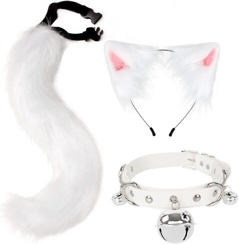 QinRuan Faux Fur Cat ears and Tail & Bell Collar Set Anime Cosplay Party Costume Accessories in Saudi Arabia
