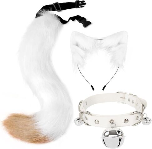 QinRuan Faux Fur Cat ears and Tail & Bell Collar Set Anime Cosplay Party Costume Accessories in Saudi Arabia