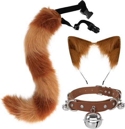 QinRuan Faux Fur Cat ears and Tail & Bell Collar Set Anime Cosplay Party Costume Accessories in Saudi Arabia