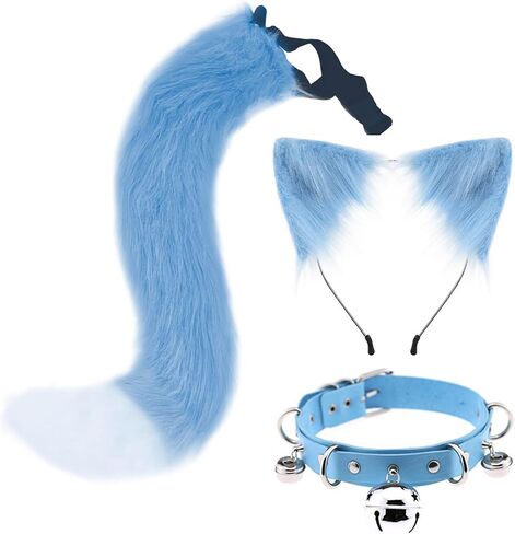 QinRuan Faux Fur Cat ears and Tail & Bell Collar Set Anime Cosplay Party Costume Accessories in Saudi Arabia