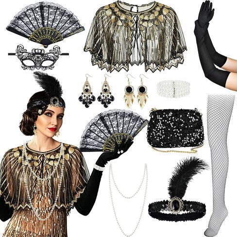12 Pcs 1920s Flapper Accessories for Women Roaring 20s Headpiece Shawl Necklace Earring Bag for 1920s Masquerade Party Costume Accessories in Kuwait