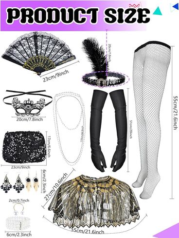 12 Pcs 1920s Flapper Accessories for Women Roaring 20s Headpiece Shawl Necklace Earring Bag for 1920s Masquerade Party Costume Accessories in Kuwait