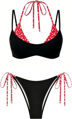 ZAFUL Women's Polka Dot Bikini Set Double Layer Halter Swimsuit Colorblock Side Tie 2 Piece Bathing Suit in Kuwait